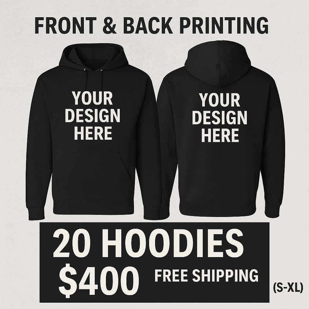 Qty 20 Hoodies - Front/Back - (Small - Xl)