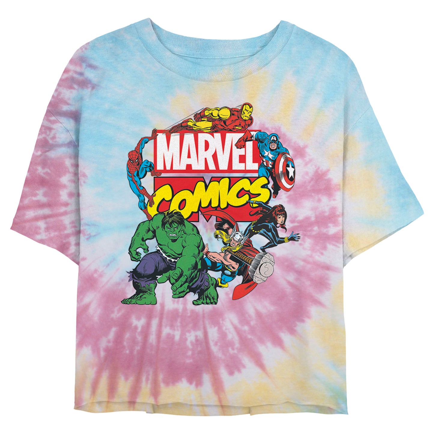 Junior's Marvel ClassicLogo Avengers Tie-Dye Swirl T-Shirt